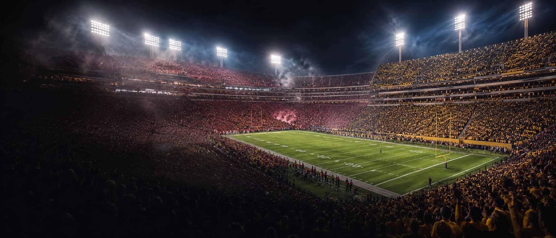 College football rivalry night — a packed stadium split crimson and gold under the lights