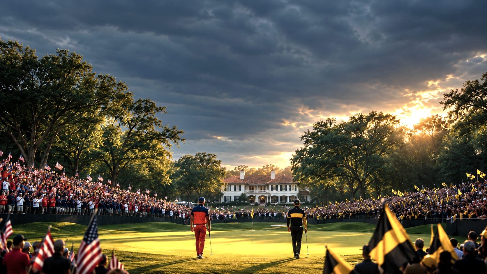 Dusk match-play showdown — rival golfers walk a floodlit green between red-white-and-blue and black-and-gold crowds
